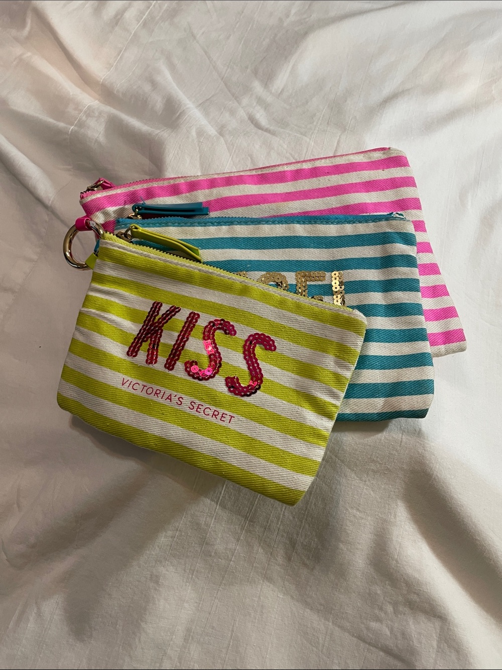 Victoria's Secret Striped Sequin 'KISS' Pouch Trio - Pink, Teal, Lime